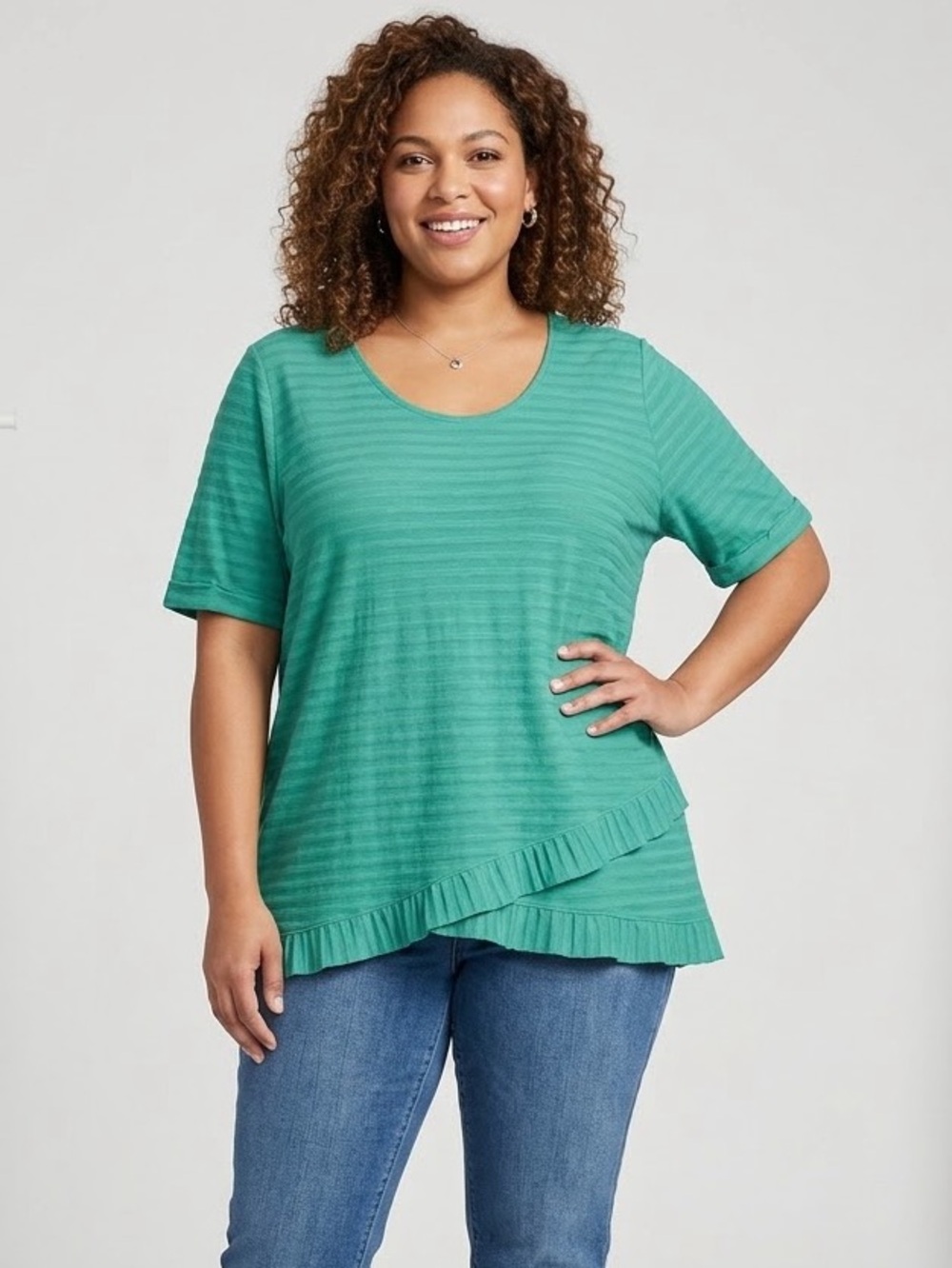 Chico's Green Striped Short Sleeve Asymmetric Ruffle Hem Top XL